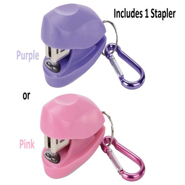 racdde  Mini Tot Stapler, with Keychain Carabiner Clip, Includes Built-in Staple Remover, Assorted Pink or Purple Colors 