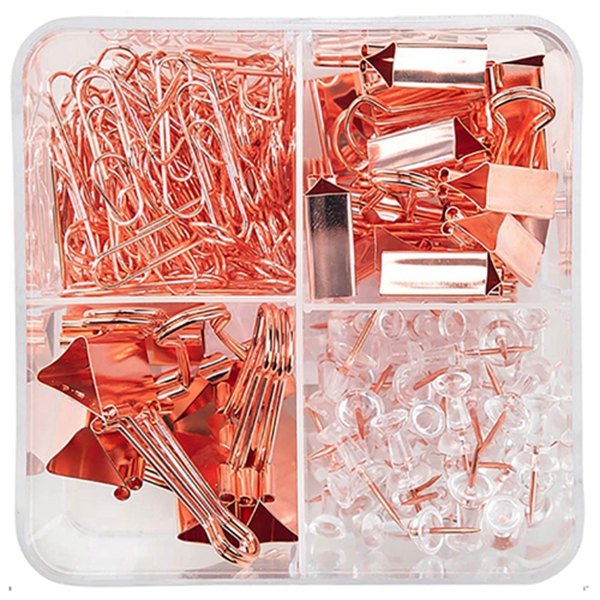 Racdde Binder Clips Paper Clips Push Pins Sets with Box for Office,School and Home Supplies (Rose Gold) 