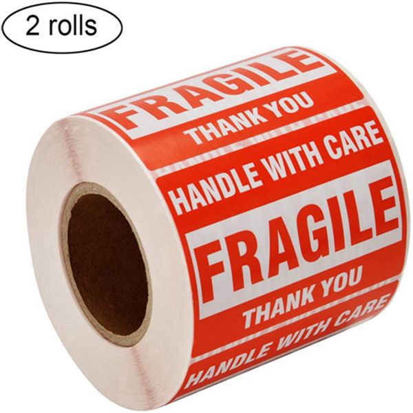 Racdde [2 Rolls, 1000 Labels] 2" x 3" Fragile Stickers Handle with Care Warning Packing/Shipping Labels - Permanent Adhesive 