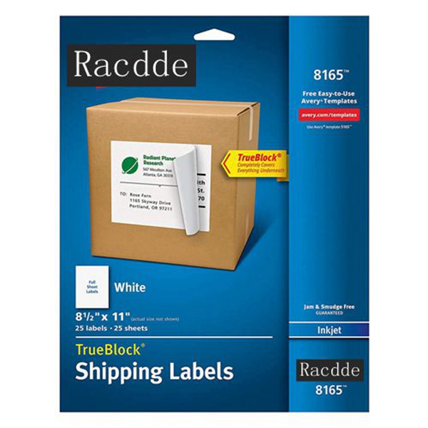 Racdde White Full-Sheet Labels for Inkjet Printers, Pack of 25 Sheets (8165) 