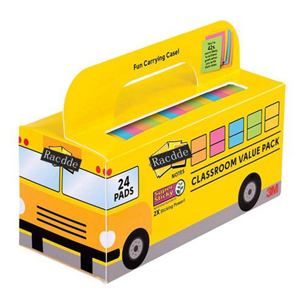 Racdde Super Sticky Notes Value Pack, 24 Pads/Pack, Convenient School Bus Carry and Storage Case, 2X The Sticking Power, 3 in. x 3 in, Bright Colors (654-24SSBUS) 