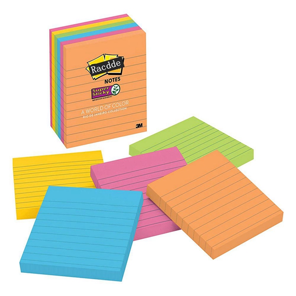 Racdde Super Sticky Notes, Rio de Janeiro Colors, Great for Reminders, 67% Plant-Based Adhesive by Weight, 4 in. x 4 in, 6 Pads/Pack, (675-6SSUC) 