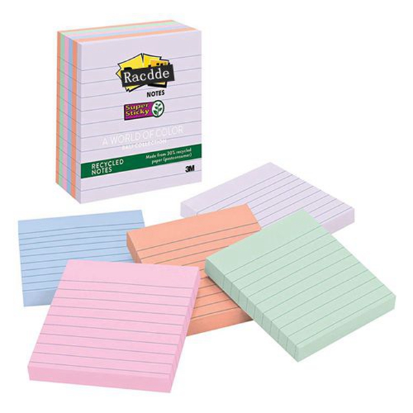 Racdde  Recycled Super Sticky Notes, 2x Sticking Power, 4 in x 4 in, Bali Collection, Lined, 6 Pads/Pack (675-6SSNRP) 