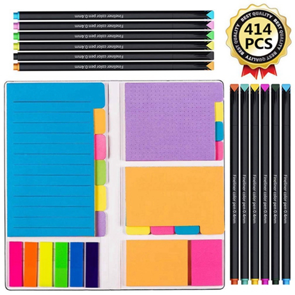Racdde Large and Small Sticky Notes Set with Fineliner Color Pens Set- 60 Ruled Lined Notes 4x6, 48 Dotted Notes 3x4, 48 Blank Notes 4x3,48 Orange 2x2 and Pink 1.5x2, 150 Inde x Tabs - 414 pcs 