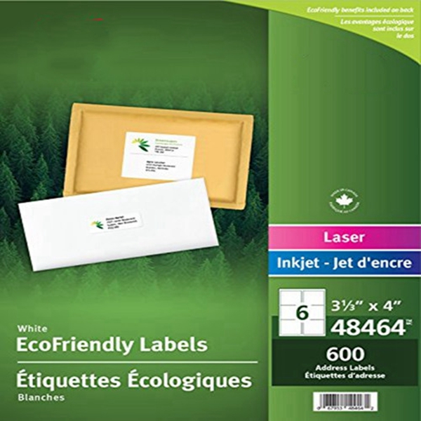 Racdde  White EcoFriendly Mailing Labels, 3-1/3" x 4", White, Rectangle, 600 Labels, Permament (48464) Made in Canada for The Canadian Market 