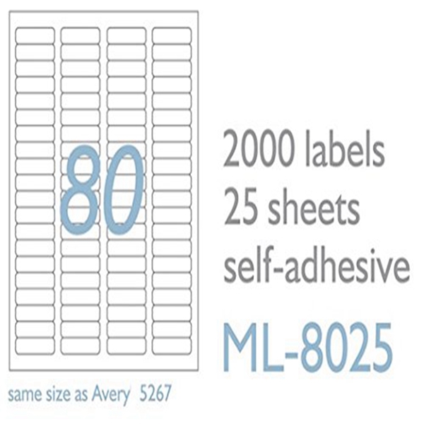 Racdde Laser/Ink Jet White Return Address Labels, 1/2 x 1-3/4 Inches, 80 Per Sheet, 2000 Per Pack (ML-8025) 