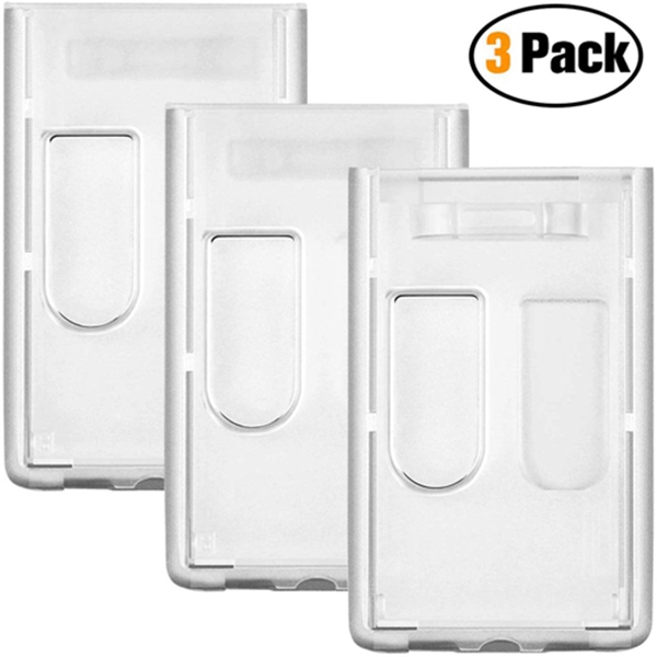 Racdde 3 Pack- Heavy Duty ID Badge Holder by Vetoo, Hard Plastic Clear Holder with Thumb Slots - Holds 2 Card 