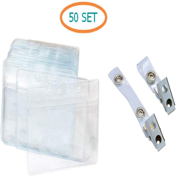 Racdde Set of 50 Pcs Clear Plastic Horizontal Name Tag Badge Id Card Holders & Metal Id Badge Holder Clips with PVC Straps (Aimt1526) 