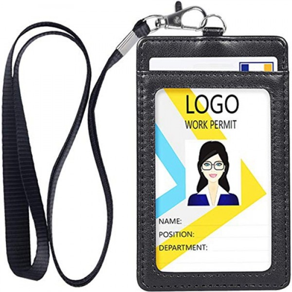 Racdde Badge Holder, Vertical Double PU Leather ID Badge Holder with 1 Clear ID Window & 1 Credit Card Slot and a Detachable Neck Lanyard (Black)
