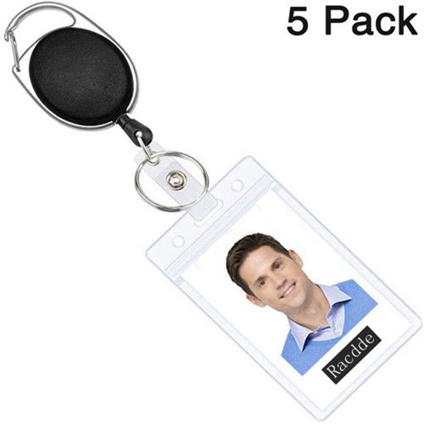 Racdde Retractable Badge Reel with Heavy Duty Clear Vertical Id Card Badge Holder, Carabiner Belt Clip Split Ring and 24 Inches Cord, Pack of 5 
