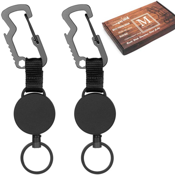 Racdde Retractable Key Chain, Badge Holder Reel, Heavy Duty Badge Reel with Steel Cable, Multitool Carabiner for Key Holder, Black, 2Pcs 