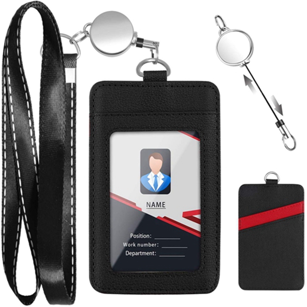 Racdde Lanyard with ID Holder Retractable, Leather Card Holder with Neck Lanyard and metel Retractable Badge Reel with 32 inches Retractable Cord for Cruise Travel, Daily Work（Black+Silver+red） 
