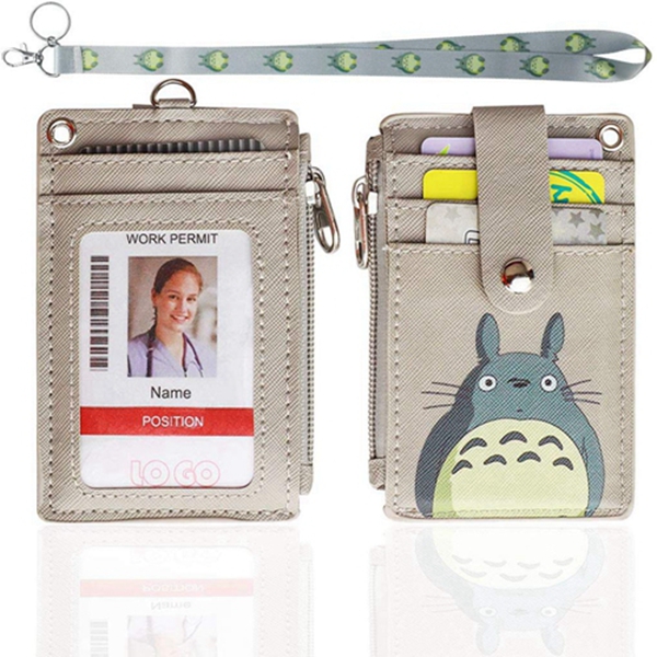 【2019 Upgreded】Badge Holder with Zipper,Racdde Cute Id Badge Holder Wallet Leather Credit Card Holder Zipper Wallet with Lanyard, 2 Sided 5 Card Slots and Key Chain for Boys Girls Office Staff Women