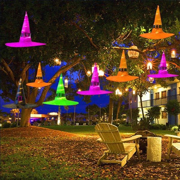 Racdde Halloween Decorations Outdoor 8Pcs Hanging Lighted Glowing Witch Hat Decorations 36ft Halloween Lights String Battery Operated Halloween Decor with 8 Lighting Modes for Outdoor, Yard, Tree 