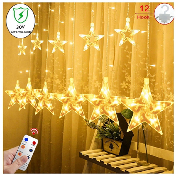 Racdde Star Curtain String Lights, 12 Star 138 LED Window Lights Waterproof 12 Strings with 8 Flashing Modes RF Remote Decoration for Christmas, Wedding, Party, Home, Patio Lawn, 8.2ft x 3.2ft (LxW) 