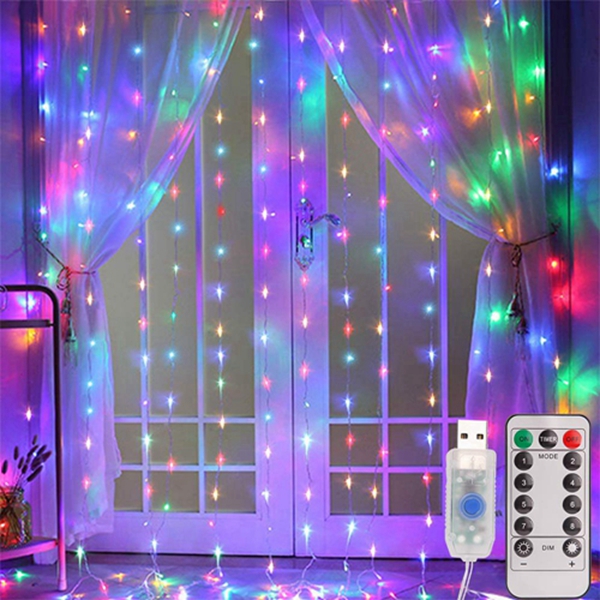 Racdde Curtain Lights, 8 Modes Fairy Lights String with Remote Controller, IP64 Waterproof, USB Plug in Twinkle Lights for Weddings, Parties, Backdrop, Wall Decorations, 300 Led（ 9.8x9.8Ft, Multicolor）