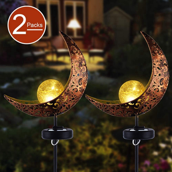 Garden Solar Stake Lights,Racdde Pathway Outdoor Moon Crackle Glass Globe Stake Metal Lights,Waterproof Warm White LED for Lawn,Patio or Backyard (2 Packs) 