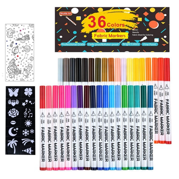 36 Colors Fabric Markers, Racdde Fabric Markers Permanent Markers for T-Shirts Clothes Sneakers Jeans with 13 Stencils 1 Fabric Sheet,Permanent Fabric Pens for Kids Adult Painting Writing