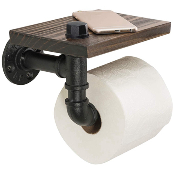 Racdde Industrial Toilet Paper Holder with Rustic Wooden Shelf and Cast Iron Pipe Hardware for Bathroom, Washroom 