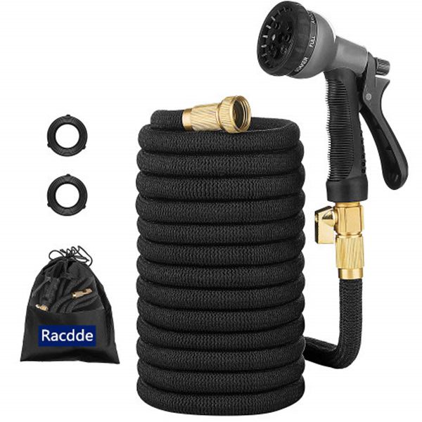 Racdde 50ft Expandable Garden Hose With Upgraded Double Core Latex, 3/4" US Standard Solid Brass Fittings, Non-Kink, Extra Strength Fabric, Water Hose with Shut Off Valve, 8 Pattern Functions Spray Nozzle 