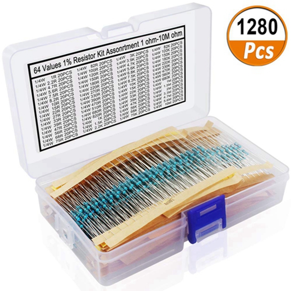 Racdde 1280 Pieces 64 Values Resistor Kit, 1% Assorted Resistors 1 Ohm-10M Ohm 1/4W Metal Film Resistors Assortment with Storage Box for DIY Projects and Experiments