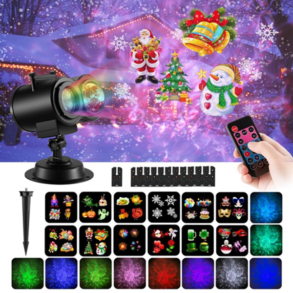 Racdde Christmas Decoration Projector Lights with 12 Slides 10 Colors for Holidays, 2 in 1 Decorative Water Wave Light Waterproof Outdoor Indoor Landscape Lights for Xmas Wedding Birthday Party 