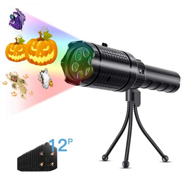 Racdde Halloween Projector Lights for Kids, Portable Halloween Decoration Holiday Led Light Handheld Night Flashlight, Christmas Gifts with 12 Pattern Slides Film, Tripod, Battery Powered 
