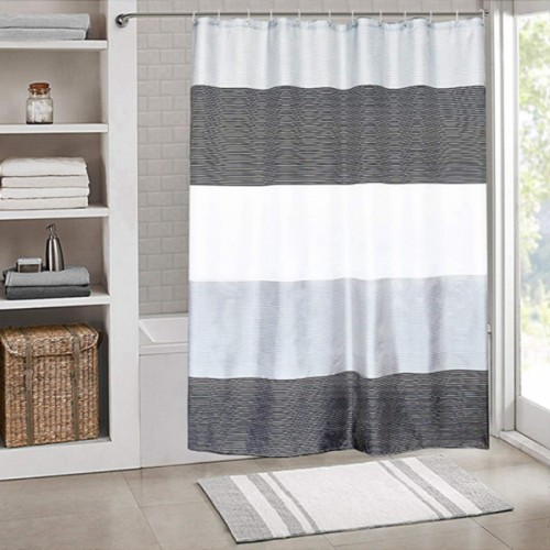 Racdde Shower Curtain Set Waterproof，Stripes Polyester Fabric for Bathroom Showers and Bathtubs，Grey & Black & White，72" W×72" L Size 