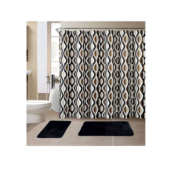 Racdde 15-Piece Bathroom Set With 2 Memory Foam Bath Mats and Matching Shower Curtain | Designer Patterns and Colors (Helix Black) 