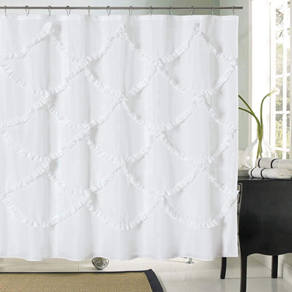 Racdde White Ruffle Pintuck Fabric Shower Curtain Set for Bathroom,Farmhouse,Country Rustic,Washable and Waterproof,72x72 Inch Long 