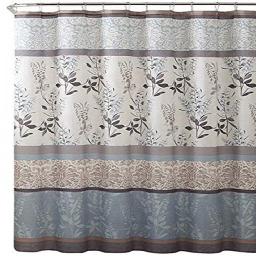 Racdde Light Blue Beige Grey Canvas Fabric Shower Curtain: Contemporary Floral Bordered Damask Design, 72 by 72 Inches 