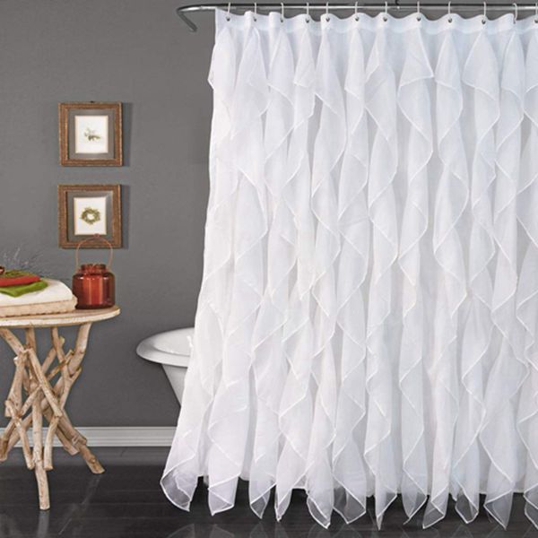 Racdde White Ruffle Shower Curtain Fabric/Cloth Farmhouse Bathroom Sheer Shower Curtain, 72in Long 