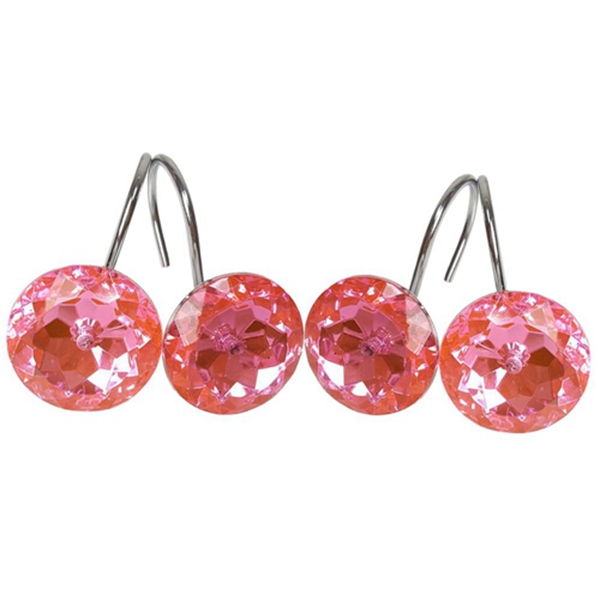 Racdde 12 Pieces Clear Hot Pink Round Crystal Shower Curtain Hooks Rings Set for Bathroom Rust Proof Chrome Decorative Gem Hangers 