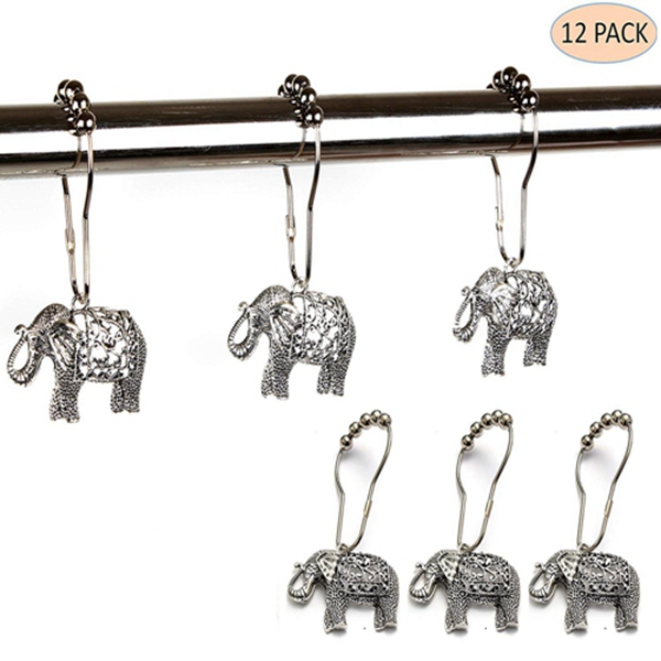 Racdde Rust Proof Shower Curtain Hooks - Brushed Nickel Rings with Elephant Decorative Accessories Set Design for Bathroom Curtain, Kids Room, Home, condo Decor (Antique Silver, Stainless Steel, Set of 12) 