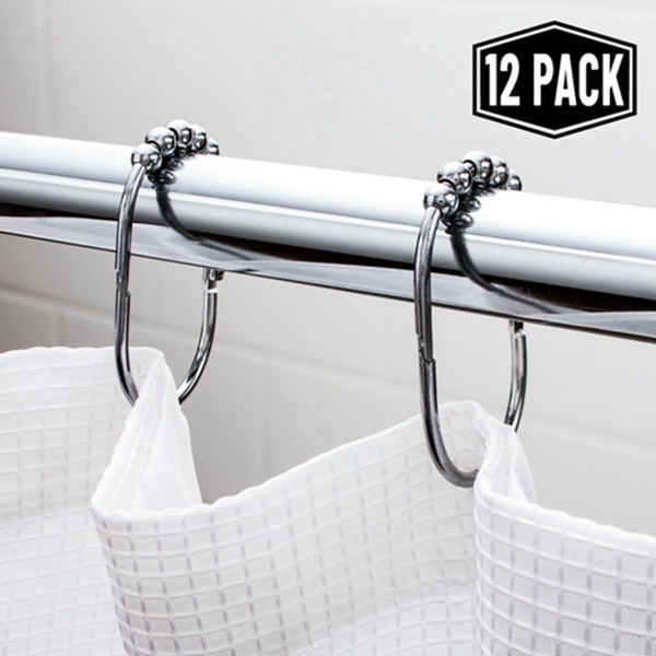 Racdde Wide Shower Curtain Rings/Hooks Set, Decorative Polished Chrome Finish, Easy Glide Rollers, 100% Rustproof Stainless Steel, Set of 12 Rings for Shower Rods 