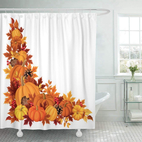 Racdde Fabric Shower Curtain Curtains with Hooks Brown Thanksgiving Corner with Pumpkins and Autumn Leaves Colorful Border Fall Leaf Gourd November Season 60"X72" Waterproof Decorative Bathroom 
