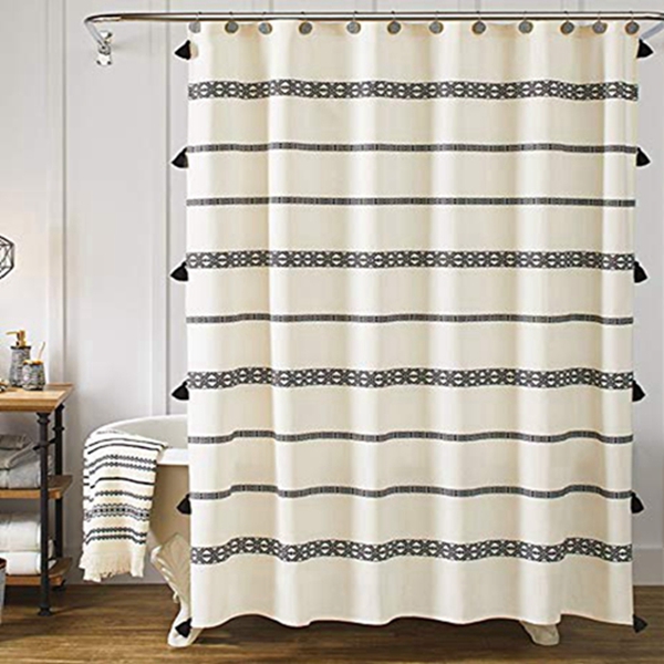 Racdde Tassel Fabric Shower Curtain, Black and Beige Stripe Print Boho Polyester Bath Curtain Set with Hooks, Decorative Spa Hotel Heavy Weighted 72-Inch Bathroom Curtains, (72 x 72, 80's Boho) 