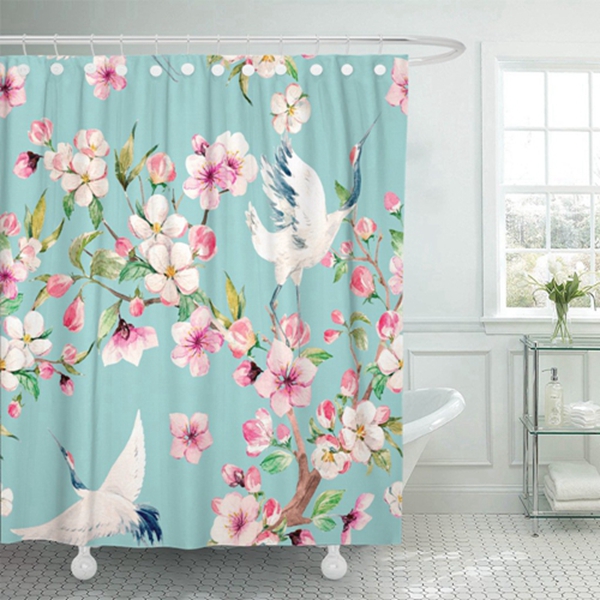 Racdde Shower Curtain Watercolor Pattern Red Heads Crane Blooming Branch of Cherry Waterproof Polyester Fabric 60 x 72 inches Set with Hooks