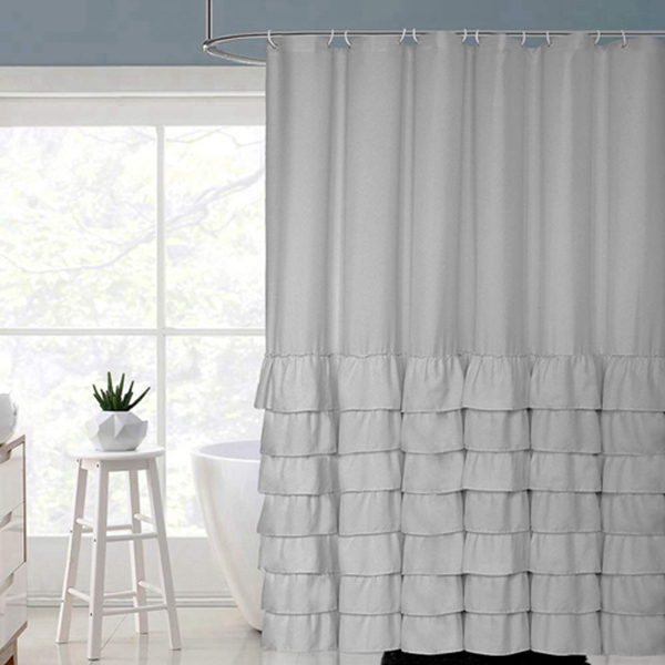 Racdde Gray/Grey Ruffle Shower Curtain Farmhouse Rustic Cloth Shower Curtains for Bathroom, Fabric Bath Curtain, 72x72 inch Long 