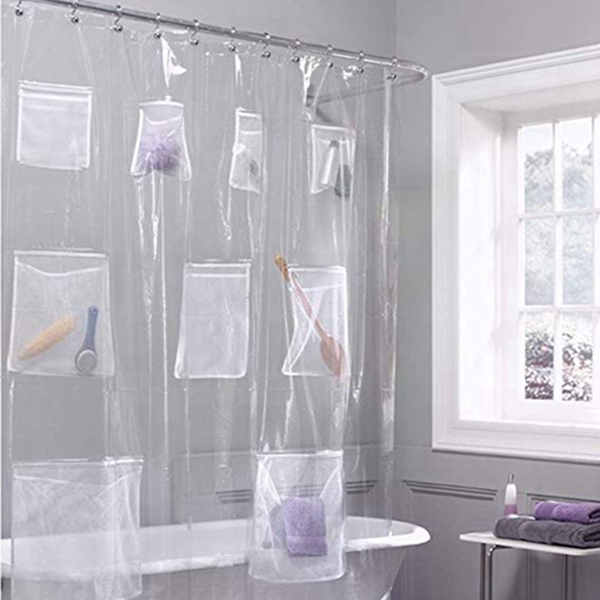 Racdde Waterproof Fabric Shower Curtain or Liner with 9 mesh Pockets, 70 × 72 inch