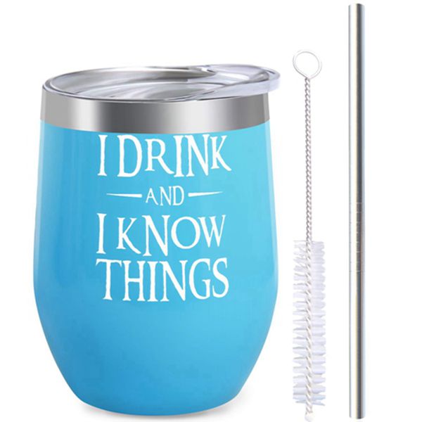 Racdde I Drink and I Know Things Wine Tumbler, Game Of Thrones Inspired Merchandise Gift, Funny Novelty Gift Wine Tumbler with Lid and Straw Stainless Steel 12 oz Stemless Double Wall Vacuum Insulated 
