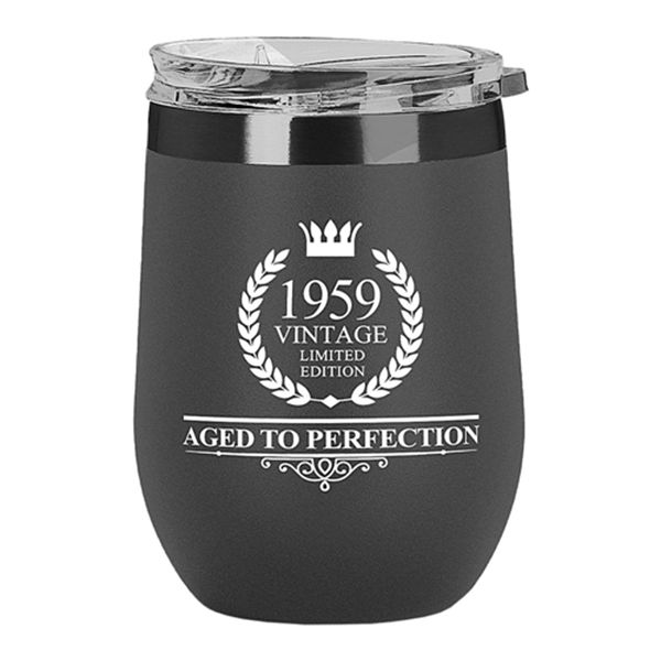 Racdde 1959 60th Birthday Gifts for Women or Men 12 oz Wine Tumbler Stainless Steel Double Wall Insulated Unique Gift for Her or Him Husband Wife Mom Dad Vintage Aged to Perfection with Lid (Grey)