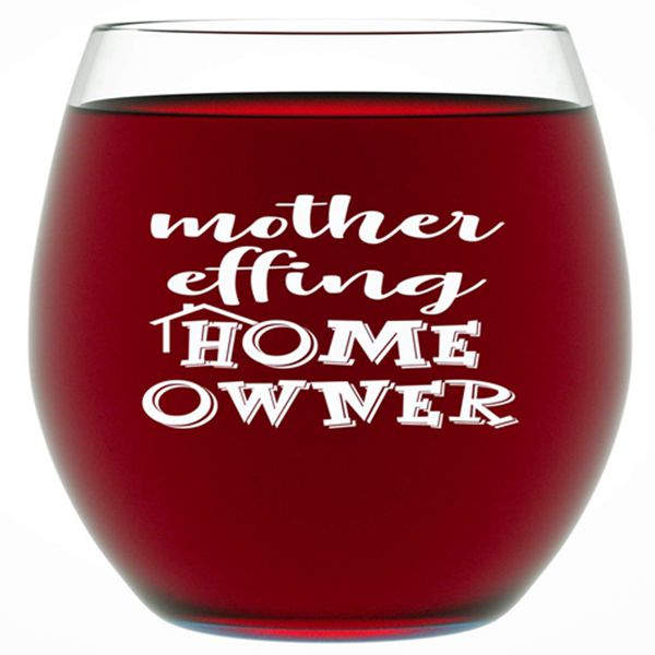 Housewarming Gifts - Unique House Gifts For New Home Owner - Funny First Time Home Owner Gift Ideas - Mother Effing Homeowner 15 oz Humorous Stemless Wine Glass for Men & Women by Racdde