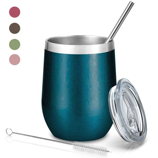 Racdde 12 oz Stainless Steel Stemless Wine Glass Tumbler with Lids and Straws, Unbreakable Double Wall Cup Insulated Tumbler for Wine, Coffee, Drinks, Cocktails, Champagne(Blue Green) 