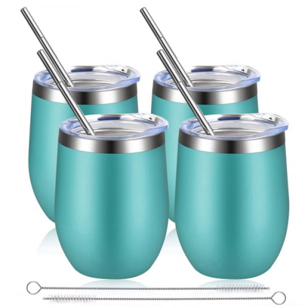 Racdde Insulated Wine Tumbler with Lid 4 pack Stainless Steel Stemless Wine Glass 12 oz Double Wall Vacuum Insulated Wine Tumbler for Coffee, Wine, Cocktails, Ice Cream, Including 4 Straws (Blue) 