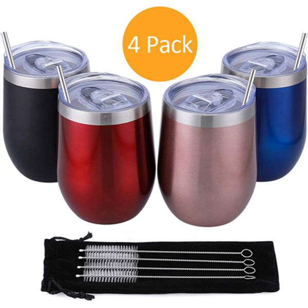 Racdde Stainless Steel Wine Glass with Straws Set,Insulated Wine Tumbler 12 oz Stemless Wine Glasses with Spill Proof Lid,Lightweight,Travel Friendly (Multi-color A) 