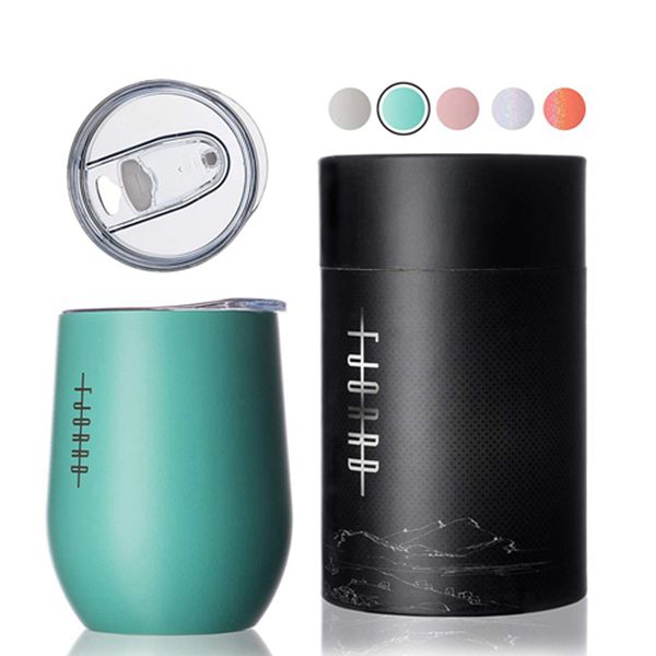 Racdde Vacuum Insulated Wine Tumbler with Lid - 12 oz Double Wall Stainless Steel Stemless Wine Glass, Unbreakable Outdoor Travel Cup - Aquamarine 1 Pack (Comes with 2 Lids and Premium Gift Box) 
