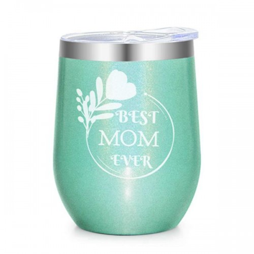 Best Mom Ever | Racdde Stainless Steel Stemless Wine Tumbler with Straw, 12 oz Vacuum Insulated Wine Tumbler - Perfect Gift for Mother’s Day, Mom Birthday, Wife, Women Friends (Glitter Aqua) 
