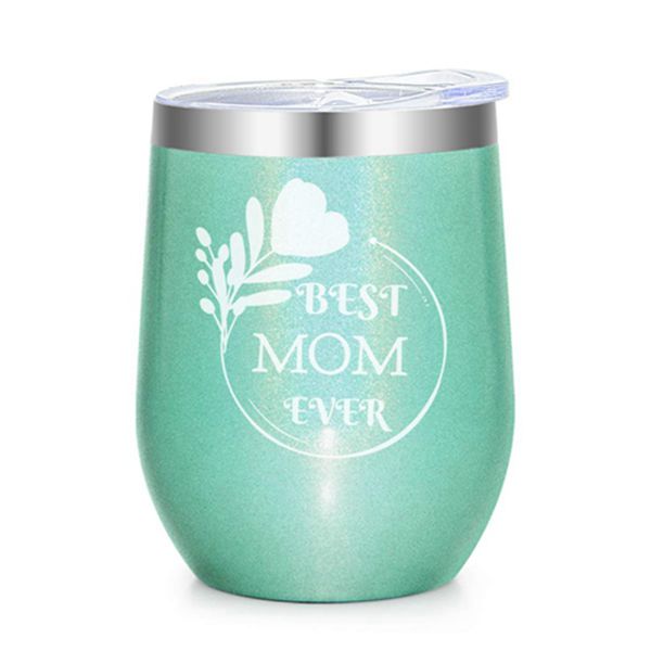 Best Mom Ever | Racdde Stainless Steel Stemless Wine Tumbler with Straw, 12 oz Vacuum Insulated Wine Tumbler - Perfect Gift for Mother’s Day, Mom Birthday, Wife, Women Friends (Glitter Aqua) 