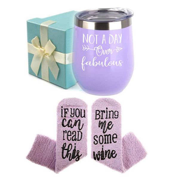 Racdde Wine Gifts Set for Women Wine Socks Gifts + Wine Tumbler with Funny Saying Not a Day Over Fabulous, Gift Baskets for Birthday Women, Mom, Grandma, Wife, Aunt, Daughter 